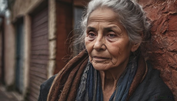 solo,looking at viewer,smile,1boy,closed mouth,upper body,white hair,grey hair,male focus,japanese clothes,kimono,blurry,lips,grey eyes,blurry background,portrait,realistic,old,old man,old woman,wrinkled skin,1girl,outdoors,black eyes