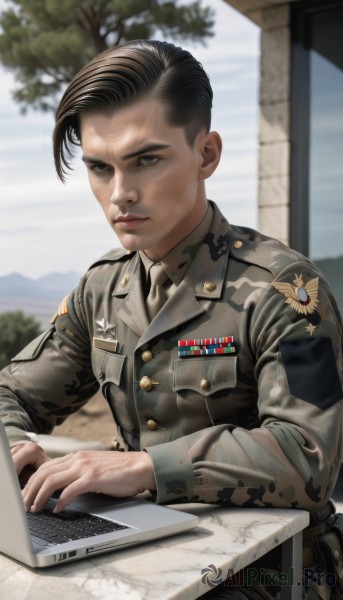 solo,looking at viewer,short hair,blue eyes,shirt,black hair,long sleeves,1boy,sitting,closed mouth,jacket,male focus,outdoors,necktie,day,collared shirt,blurry,uniform,black eyes,tree,military,military uniform,blurry background,chair,table,epaulettes,pocket,realistic,grey jacket,breast pocket,computer,camouflage,badge,laptop,military jacket,world war ii,soldier,insignia,patch,camouflage jacket,upper body,lips,serious,nose,medal