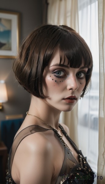 1girl,solo,breasts,looking at viewer,short hair,bangs,blue eyes,brown hair,black hair,bare shoulders,jewelry,upper body,small breasts,parted lips,indoors,blunt bangs,necklace,bra,mole,blurry,black eyes,from side,lips,grey eyes,eyelashes,mole under eye,window,makeup,depth of field,blurry background,bob cut,tank top,curtains,freckles,mirror,realistic,nose,red lips,lamp,eyeliner,mascara,dress,closed mouth,sleeveless,black dress