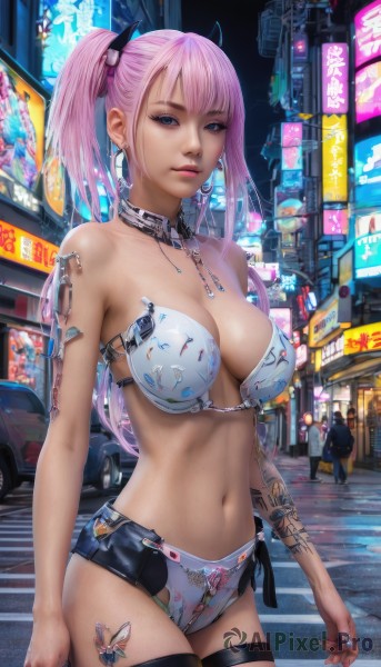 1girl,long hair,breasts,looking at viewer,bangs,blue eyes,large breasts,thighhighs,navel,cleavage,bare shoulders,twintails,jewelry,underwear,standing,swimsuit,ponytail,pink hair,bikini,cowboy shot,earrings,outdoors,horns,solo focus,necklace,nail polish,bra,collar,lips,tattoo,thigh strap,night,ring,ground vehicle,motor vehicle,science fiction,city,realistic,car,road,arm tattoo,bikini armor,cyberpunk,neon lights,crosswalk,medium breasts,multiple boys,shorts,side ponytail,short shorts,makeup,white bikini,piercing,ear piercing,navel piercing,street