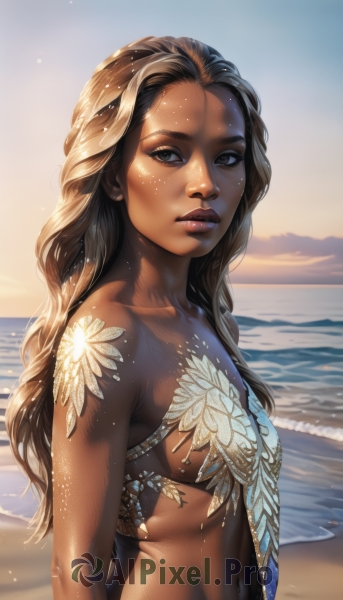 1girl,solo,long hair,breasts,looking at viewer,blonde hair,brown hair,navel,bare shoulders,brown eyes,swimsuit,upper body,bikini,small breasts,outdoors,parted lips,sky,day,artist name,dark skin,water,from side,dark-skinned female,lips,wet,tattoo,ocean,wavy hair,beach,forehead,backlighting,freckles,curly hair,sunset,realistic,nose,sand,wet hair,collarbone,shiny,cloud,underboob,sunlight,revealing clothes,horizon,bodypaint,very dark skin