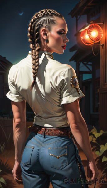 1girl,solo,long hair,blonde hair,brown hair,shirt,hair ornament,jewelry,standing,white shirt,ass,braid,short sleeves,cowboy shot,earrings,outdoors,sky,belt,looking back,pants,dark skin,necklace,from behind,dark-skinned female,lips,single braid,makeup,night,chain,back,moon,denim,lipstick,t-shirt,building,star (sky),night sky,pocket,jeans,lantern,realistic,nose,arms at sides,blue pants,red lips,brown belt,crescent moon,hair pulled back,mascara,multiple braids,brown eyes,closed mouth,artist name,nail polish,two-tone hair,eyelashes,profile,piercing,plant,eyeshadow,dreadlocks