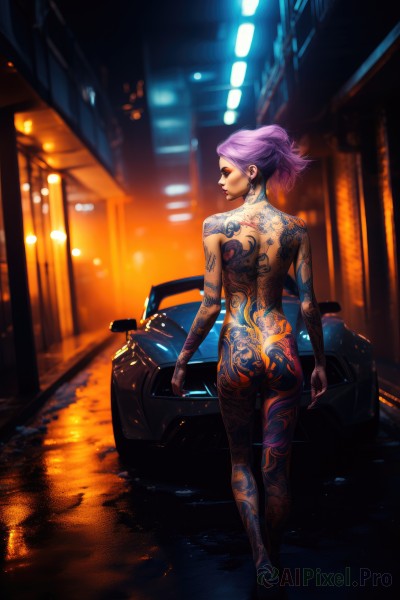 1girl,solo,short hair,jewelry,standing,purple hair,ass,nude,earrings,looking back,from behind,blurry,tattoo,makeup,night,back,ground vehicle,motor vehicle,city,car,road,back tattoo,full-body tattoo,full body,high heels,lips,completely nude,bodysuit,lipstick,eyeshadow,walking,science fiction,realistic,nose,undercut,street,updo,cyberpunk,black lips,neon lights