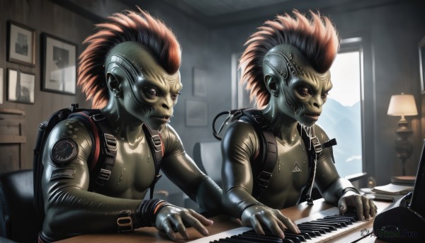 red eyes,1boy,male focus,red hair,multiple boys,indoors,2boys,window,chair,backpack,robot,instrument,desk,dual persona,reflection,science fiction,realistic,android,lamp,cable,computer,monitor,cyborg,piano,mohawk,cyberpunk,gloves,jewelry,sitting,earrings,fingerless gloves,lips,mask,piercing,ear piercing,topless male,leather,laptop,keyboard (computer),keyboard (instrument),nose piercing,eyebrow piercing