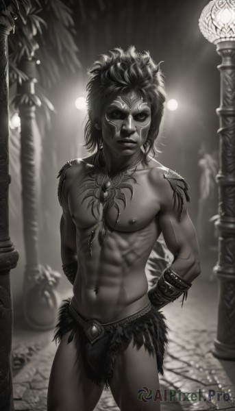 solo,looking at viewer,1boy,navel,jewelry,closed mouth,nipples,standing,collarbone,monochrome,greyscale,male focus,cowboy shot,earrings,artist name,necklace,blurry,tattoo,muscular,blurry background,watermark,arms behind back,piercing,abs,pectorals,muscular male,web address,toned,topless male,realistic,bracer,nipple piercing,navel piercing,loincloth,pillar,statue,short hair,closed eyes,parted lips,indoors,dark skin,bracelet,mask,depth of field,facial mark,bound,bdsm,feathers,bondage,facing viewer,bound wrists,facepaint,bodypaint,nipple rings,nose piercing,lip piercing,tribal,tooth necklace