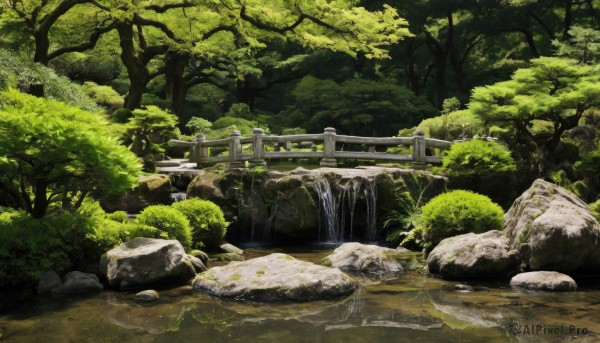 outdoors,day,water,tree,no humans,grass,plant,nature,scenery,forest,rock,torii,bridge,river,waterfall,landscape,moss,stream,bush