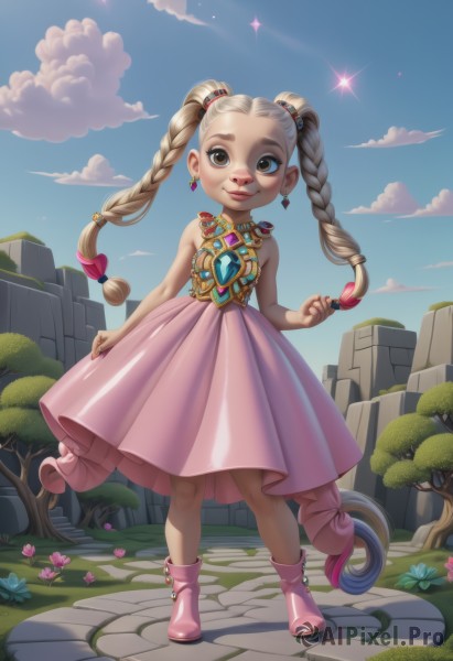 1girl,solo,long hair,looking at viewer,smile,skirt,blonde hair,hair ornament,dress,bow,bare shoulders,twintails,brown eyes,jewelry,very long hair,standing,full body,braid,flower,heart,multicolored hair,earrings,boots,outdoors,sky,sleeveless,day,artist name,cloud,necklace,twin braids,tree,blue sky,lips,bare arms,sparkle,makeup,sleeveless dress,watermark,brooch,gem,child,pink dress,pink skirt,pink footwear,female child,multiple braids,thick eyebrows,grass,aged down,multi-tied hair