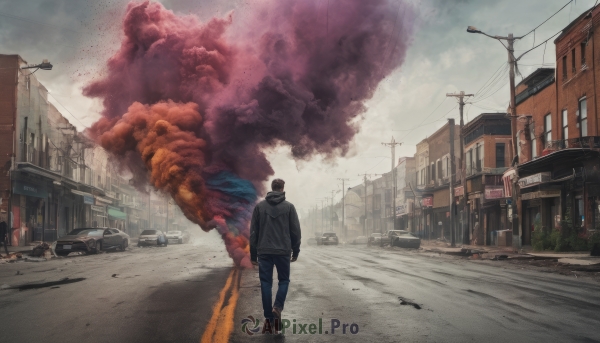 solo, 1boy, jacket, male focus, outdoors, sky, pants, cloud, hood, from behind, dutch angle, hoodie, hood down, denim, ground vehicle, building, scenery, motor vehicle, smoke, walking, jeans, city, realistic, car, road, explosion, power lines, lamppost, street, utility pole, destruction, truck