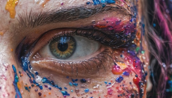 solo, looking at viewer, blue eyes, blurry, eyelashes, gem, close-up, eye focus