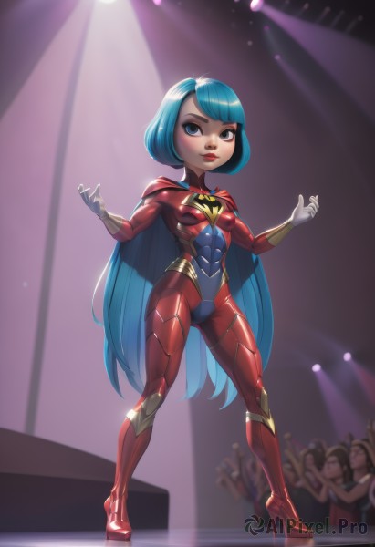 1girl,solo,long hair,breasts,blue eyes,multiple girls,gloves,very long hair,blue hair,standing,full body,small breasts,boots,solo focus,white gloves,high heels,lips,bodysuit,makeup,lipstick,red footwear,skin tight,eyeshadow,high heel boots,red lips,superhero,red bodysuit,crowd,stage,short hair,cape,cosplay,child,genderswap,red cape,spotlight,concert