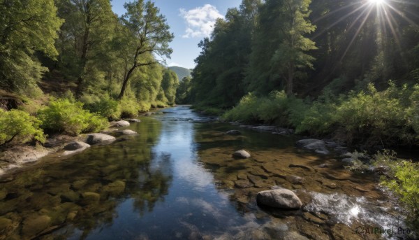 outdoors,sky,day,cloud,water,tree,blue sky,no humans,sunlight,grass,nature,scenery,forest,reflection,rock,mountain,sun,bush,river,landscape,reflective water,stream,cloudy sky,plant,light rays