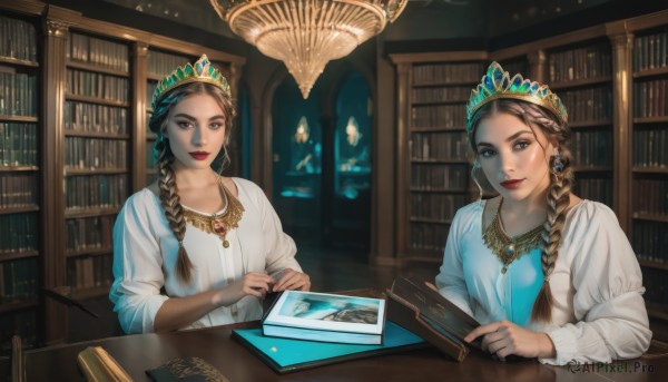 long hair,looking at viewer,smile,multiple girls,brown hair,long sleeves,dress,holding,2girls,brown eyes,jewelry,sitting,braid,earrings,indoors,necklace,white dress,lips,book,single braid,makeup,blue dress,siblings,table,tiara,crown,lipstick,sisters,gem,hair over shoulder,dual persona,holding book,open book,bookshelf,red lips,library,shirt,closed mouth,white shirt,upper body,puffy sleeves,mole,window,eyeshadow,pink lips,realistic,red gemstone