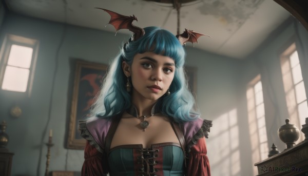 1girl,solo,long hair,breasts,bangs,dress,cleavage,brown eyes,jewelry,medium breasts,blue hair,collarbone,upper body,earrings,wings,indoors,blunt bangs,necklace,blurry,lips,looking to the side,window,aqua hair,depth of field,looking away,bat wings,head wings,corset,realistic,nose,candle,cross-laced clothes,candlestand,looking at viewer,sunlight