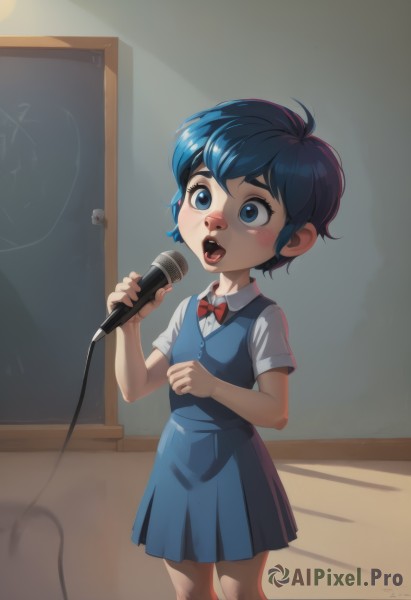 1girl,solo,blush,short hair,open mouth,bangs,blue eyes,skirt,shirt,dress,bow,holding,school uniform,blue hair,standing,white shirt,short sleeves,pleated skirt,teeth,tongue,indoors,tongue out,bowtie,vest,red bow,blue skirt,blue dress,aged down,red bowtie,child,microphone,music,pinafore dress,blue vest,holding microphone,singing,chalkboard,socks