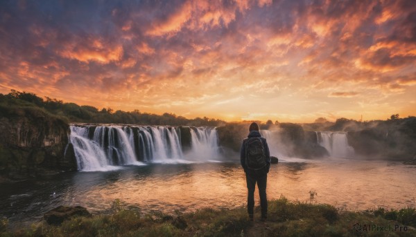 solo, 1boy, standing, male focus, outdoors, sky, pants, cloud, water, bag, from behind, backpack, cloudy sky, grass, scenery, sunset, mountain, waterfall