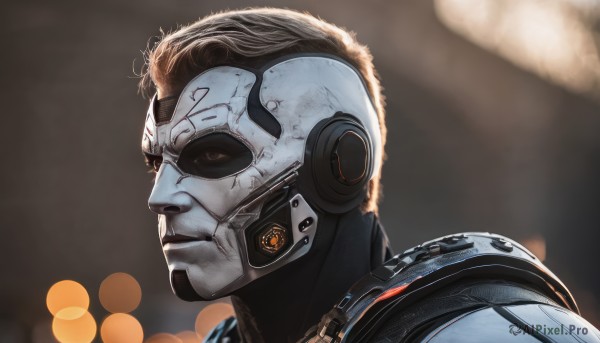 solo,brown hair,1boy,brown eyes,closed mouth,upper body,male focus,signature,armor,blurry,from side,profile,depth of field,blurry background,helmet,portrait,science fiction,realistic,cyborg,power armor,cyberpunk,lips,mask,colored skin,close-up,android