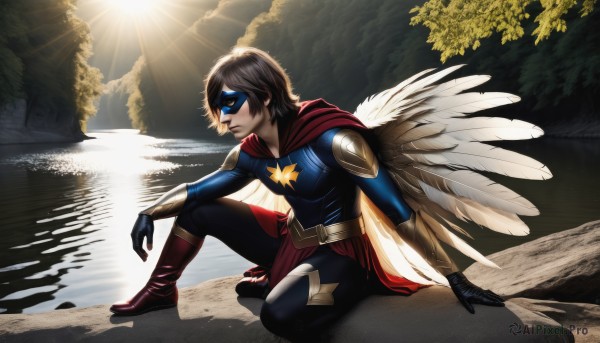 solo,short hair,blue eyes,brown hair,black hair,gloves,1boy,male focus,boots,outdoors,wings,black gloves,water,cape,armor,tree,bodysuit,mask,sunlight,feathers,feathered wings,light rays,sun,red cape,superhero,domino mask,sitting,reflection