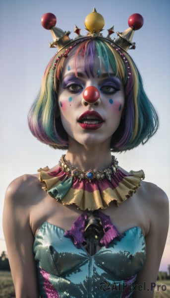 1girl,solo,breasts,looking at viewer,short hair,open mouth,bangs,blonde hair,dress,bare shoulders,brown eyes,jewelry,upper body,pink hair,purple hair,multicolored hair,small breasts,outdoors,parted lips,green hair,sky,teeth,day,artist name,necklace,blurry,two-tone hair,lips,streaked hair,head tilt,eyelashes,strapless,aqua hair,makeup,detached collar,blurry background,watermark,facial mark,bug,tiara,crown,lipstick,gem,strapless dress,web address,eyeshadow,realistic,nose,red lips,facepaint,purple lips,mascara,clown,blush,bob cut,multicolored clothes,bodypaint