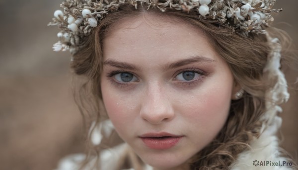 1girl,solo,long hair,looking at viewer,blue eyes,blonde hair,brown hair,hair ornament,jewelry,flower,earrings,parted lips,blurry,lips,grey eyes,eyelashes,depth of field,blurry background,portrait,close-up,freckles,realistic,head wreath,brown background,nose