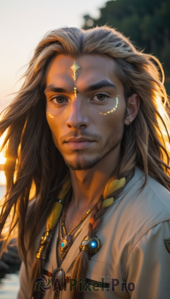 solo,long hair,looking at viewer,brown hair,1boy,brown eyes,jewelry,closed mouth,jacket,upper body,braid,male focus,outdoors,necklace,blurry,lips,depth of field,blurry background,facial hair,facial mark,dark-skinned male,gem,portrait,side braid,beard,realistic,nose,mustache,multiple braids,shirt,hair ornament,earrings,artist name,sunlight