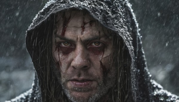 solo,looking at viewer,brown hair,black hair,1boy,brown eyes,closed mouth,yellow eyes,male focus,outdoors,hood,lips,blood,facial hair,scar,portrait,beard,scar on face,snow,hood up,rain,blood on face,snowing,realistic,blurry,close-up,serious