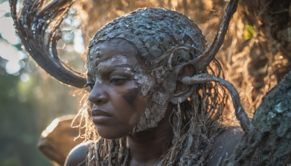 1girl,solo,long hair,1boy,closed eyes,male focus,parted lips,horns,artist name,dark skin,blurry,dark-skinned female,lips,depth of field,blurry background,leaf,watermark,portrait,web address,realistic,nose,dreadlocks,closed mouth,upper body,water,tentacles,fantasy,alien