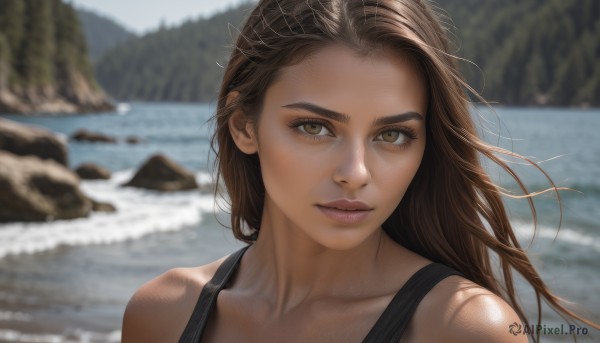 1girl,solo,long hair,looking at viewer,brown hair,bare shoulders,brown eyes,closed mouth,collarbone,upper body,outdoors,day,water,blurry,lips,depth of field,blurry background,tank top,portrait,freckles,rock,realistic,nose,river,eyelashes,ocean,beach,sunlight,thick eyebrows,wind,nature,close-up