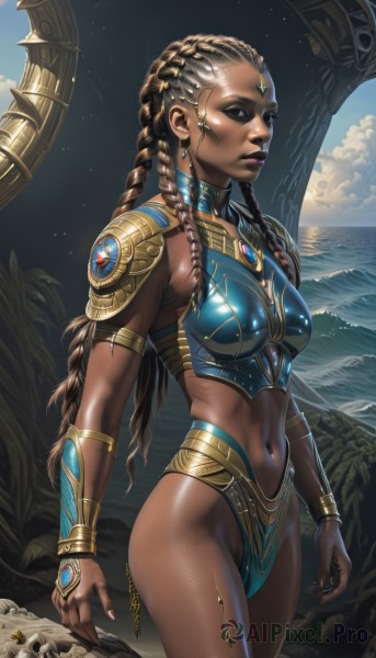 1girl,solo,long hair,breasts,looking at viewer,brown hair,black hair,navel,brown eyes,jewelry,medium breasts,closed mouth,standing,swimsuit,braid,bikini,thighs,cowboy shot,earrings,outdoors,parted lips,sky,day,midriff,shiny,artist name,cloud,dark skin,water,stomach,nail polish,armor,twin braids,bracelet,covered nipples,from side,dark-skinned female,blue sky,lips,fingernails,shiny skin,makeup,night,ocean,watermark,highleg,facial mark,beach,piercing,abs,lipstick,shoulder armor,gem,star (sky),forehead,blue bikini,armlet,starry sky,toned,pauldrons,skull,gold trim,rock,realistic,nose,bracer,bikini armor,neck ring,gold,very dark skin,dreadlocks,gorget,gold armor,multiple braids,blue eyes,web address,eyeshadow,facial tattoo,blue gemstone,mascara