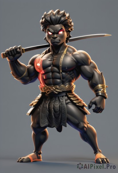 solo,looking at viewer,short hair,simple background,black hair,red eyes,1boy,navel,holding,jewelry,nipples,standing,full body,weapon,male focus,thighs,teeth,sword,dark skin,grey background,holding weapon,bracelet,muscular,glowing,colored skin,thick thighs,holding sword,abs,dark-skinned male,thick eyebrows,katana,pectorals,muscular male,bara,glowing eyes,large pectorals,topless male,over shoulder,bare pectorals,grey skin,no pupils,weapon over shoulder,biceps,black skin,thick arms,barefoot,piercing,gauntlets,ear piercing,furry,furry male,nipple piercing,white eyes,loincloth,black fur