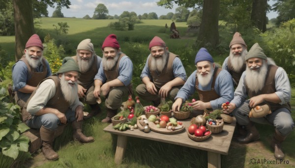 smile,shirt,gloves,long sleeves,hat,holding,sitting,white shirt,male focus,boots,outdoors,food,multiple boys,sky,day,pants,cloud,looking at another,apron,vest,tree,blue sky,fruit,facial hair,bird,brown footwear,table,squatting,grass,blue shirt,nature,beard,brown gloves,sleeves rolled up,forest,6+boys,bowl,mustache,apple,blue pants,basket,mushroom,head scarf,old,egg,old man,cooking,tomato,vegetable,open mouth,full body,closed eyes,holding food,knife,plant,realistic,pink headwear,carrot,wooden table