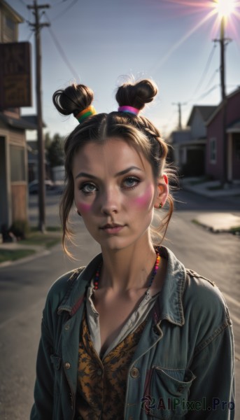 1girl,solo,breasts,looking at viewer,blue eyes,brown hair,shirt,black hair,jewelry,closed mouth,jacket,white shirt,upper body,earrings,outdoors,open clothes,sky,day,necklace,hair bun,mole,blurry,black eyes,vest,open jacket,lips,buttons,depth of field,blurry background,facial mark,sunlight,single hair bun,denim,blue jacket,building,forehead,freckles,beads,pocket,realistic,nose,sun,unbuttoned,road,power lines,street,topknot,denim jacket,short hair,collarbone,parted lips,grey eyes,makeup,piercing,backlighting,facepaint,dirty,dirty face,dirty clothes