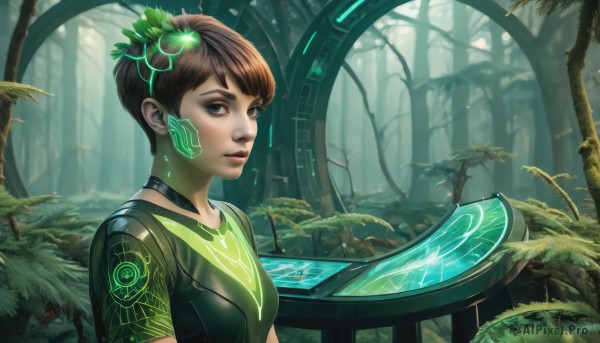 1girl,solo,breasts,looking at viewer,short hair,bangs,blue eyes,brown hair,shirt,hair ornament,brown eyes,jewelry,upper body,short sleeves,earrings,small breasts,parted lips,choker,tree,lips,makeup,glowing,leaf,plant,t-shirt,nature,forest,science fiction,nose,green theme,neon trim,hologram,outdoors,artist name,signature,water,black eyes,eyelashes,realistic,cyborg,cyberpunk