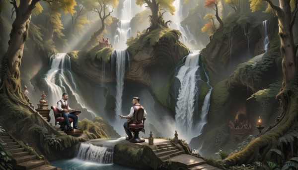 brown hair,shirt,black hair,hat,sitting,weapon,male focus,boots,outdoors,multiple boys,pants,2boys,water,bag,tree,book,facial hair,bird,chair,sunlight,backpack,plant,instrument,nature,scenery,beard,forest,light rays,stairs,fantasy,reading,candle,sunbeam,waterfall,fountain,short hair,6+boys