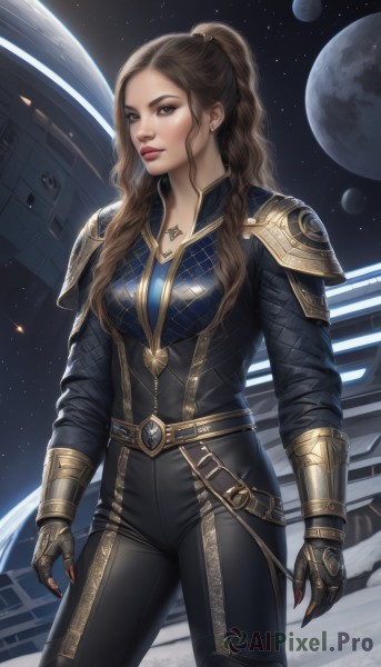 1girl,solo,long hair,breasts,looking at viewer,brown hair,gloves,brown eyes,jewelry,medium breasts,closed mouth,standing,ponytail,cowboy shot,belt,pants,fingerless gloves,necklace,armor,lips,bodysuit,tattoo,makeup,black pants,shoulder armor,gauntlets,star (sky),claws,pauldrons,realistic,nose,space,planet,earth (planet),earrings,wavy hair,freckles,science fiction,black bodysuit