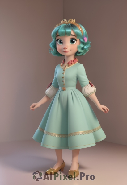 1girl,solo,looking at viewer,smile,short hair,bangs,blue eyes,hair ornament,dress,jewelry,closed mouth,green eyes,standing,full body,flower,hairband,green hair,shoes,hair flower,necklace,nail polish,high heels,aqua eyes,lips,fingernails,aqua hair,blue dress,shadow,brown footwear,tiara,child,brown background,curly hair,female child,aqua dress,simple background,long sleeves,puffy sleeves,green dress,yellow footwear