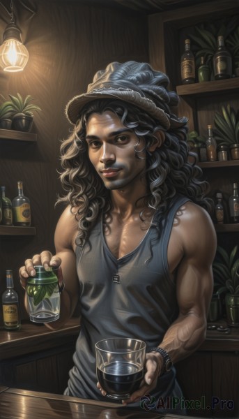 solo,long hair,looking at viewer,smile,black hair,1boy,hat,holding,bare shoulders,brown eyes,jewelry,male focus,sleeveless,indoors,dark skin,black eyes,cup,lips,muscular,facial hair,tank top,bottle,plant,beard,alcohol,drinking glass,veins,curly hair,watch,realistic,nose,wristwatch,lamp,shelf,bar (place),light bulb,counter,brown hair,necklace,bracelet,tattoo,dark-skinned male,drink,stubble,chest hair