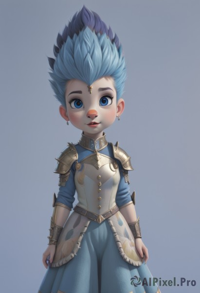 1girl,solo,looking at viewer,blush,smile,short hair,blue eyes,skirt,simple background,dress,jewelry,blue hair,standing,multicolored hair,cowboy shot,earrings,parted lips,teeth,grey background,armor,lips,makeup,blue dress,blue background,spiked hair,shoulder armor,gem,pauldrons,breastplate,arms at sides,armored dress,vambraces,bracer,two-tone hair,aged down,genderswap,genderswap (mtf),shoulder pads,saiyan armor