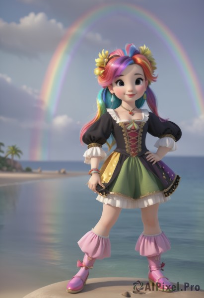 1girl,solo,long hair,looking at viewer,blush,smile,skirt,hair ornament,long sleeves,dress,bow,twintails,jewelry,closed mouth,blue hair,standing,collarbone,full body,pink hair,purple hair,flower,multicolored hair,boots,outdoors,frills,sky,shoes,day,socks,puffy sleeves,artist name,cloud,hair flower,water,necklace,blurry,black eyes,high heels,flat chest,bracelet,two-tone hair,tree,blue sky,puffy short sleeves,lips,streaked hair,hand on hip,makeup,depth of field,blurry background,ocean,watermark,beach,cloudy sky,green skirt,gem,child,web address,multicolored clothes,corset,pendant,personification,legs apart,green dress,sand,palm tree,pink footwear,horizon,cross-laced clothes,pigeon-toed,rainbow,multicolored dress,footwear bow,rainbow gradient,pink socks,rainbow hair,blue eyes,red hair,earrings,green hair