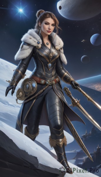 1girl,solo,long hair,breasts,looking at viewer,brown hair,gloves,holding,cleavage,brown eyes,jewelry,medium breasts,standing,weapon,earrings,boots,sky,black gloves,belt,pants,sword,necklace,hair bun,holding weapon,armor,lips,fur trim,bodysuit,makeup,holding sword,black pants,moon,single hair bun,knee boots,sheath,star (sky),pendant,starry sky,nose,space,planet,earth (planet),spacecraft,full body,gauntlets,snow