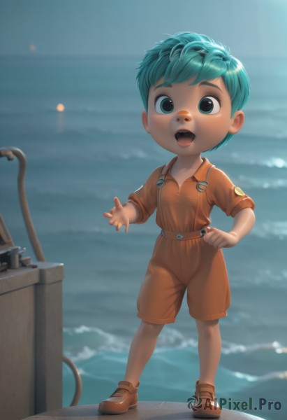 solo,looking at viewer,smile,short hair,open mouth,shirt,1boy,green eyes,blue hair,standing,full body,short sleeves,:d,male focus,outdoors,green hair,shoes,shorts,teeth,water,blurry,aqua eyes,aqua hair,blurry background,ocean,brown footwear,suspenders,child,sleeves rolled up,overalls,male child,blue eyes,belt,personification,orange shirt,jumpsuit