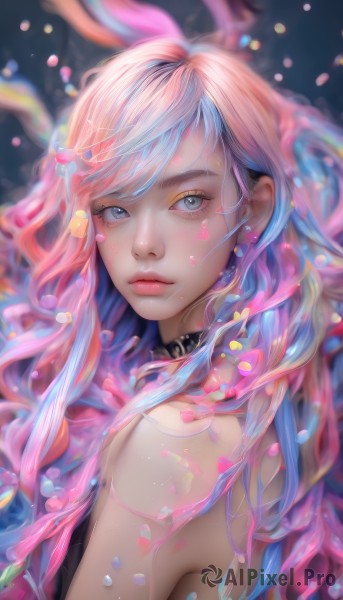 1girl,solo,long hair,looking at viewer,bangs,blue eyes,bare shoulders,jewelry,closed mouth,blue hair,upper body,pink hair,multicolored hair,earrings,choker,looking back,artist name,blurry,collar,from side,two-tone hair,lips,grey eyes,petals,eyelashes,makeup,swept bangs,eyeshadow,nose,mascara,hair ornament,looking to the side,gradient hair,depth of field,watermark,web address,pink lips,realistic