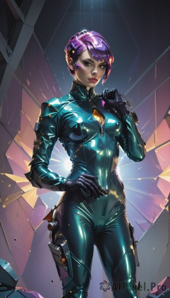 1girl,solo,breasts,looking at viewer,short hair,gloves,brown eyes,medium breasts,standing,weapon,purple hair,shiny,dark skin,dark-skinned female,lips,hand on hip,gun,bodysuit,makeup,lipstick,skin tight,zipper,science fiction,shiny clothes,black bodysuit,latex,holding,jewelry,earrings,microphone,handgun,realistic,nose