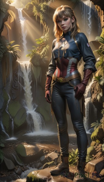 1girl,solo,long hair,breasts,looking at viewer,blue eyes,blonde hair,gloves,medium breasts,standing,full body,boots,belt,pants,water,lips,bodysuit,brown footwear,black pants,sunlight,plant,denim,nature,brown gloves,light rays,rock,realistic,leather,sunbeam,waterfall,leaf