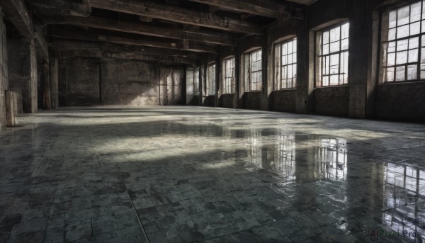 outdoors,day,indoors,water,no humans,window,sunlight,building,scenery,reflection,light rays,door,tiles,tile floor,ruins,pillar,puddle,hallway,chair,wooden floor,floor,reflective floor,broken window