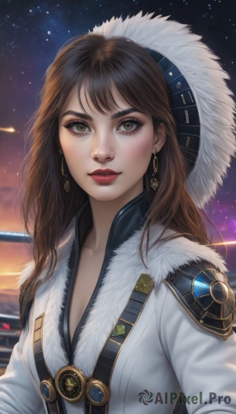 1girl,solo,long hair,breasts,looking at viewer,bangs,brown hair,hat,cleavage,brown eyes,jewelry,medium breasts,collarbone,upper body,earrings,parted lips,sky,lips,coat,fur trim,eyelashes,makeup,night,lipstick,star (sky),night sky,eyeshadow,starry sky,freckles,realistic,nose,red lips,eyeliner,blush,jacket,outdoors,artist name,hood,white jacket,thick eyebrows,white coat,fur-trimmed coat,shooting star