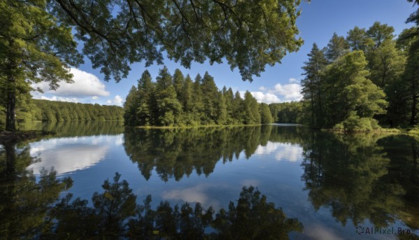 outdoors,sky,day,cloud,water,tree,blue sky,no humans,cloudy sky,grass,nature,scenery,forest,reflection,river,landscape,lake,reflective water,fantasy