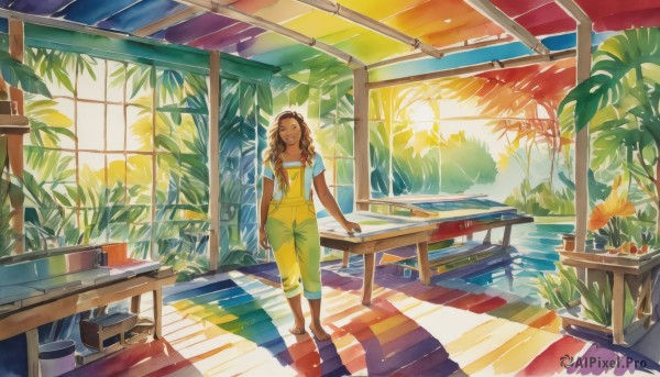 1girl,solo,long hair,smile,brown hair,shirt,jewelry,standing,closed eyes,braid,flower,short sleeves,barefoot,day,indoors,dark skin,water,dark-skinned female,dutch angle,window,shadow,wavy hair,chair,sandals,table,sunlight,plant,facing viewer,strap slip,curly hair,potted plant,overalls,capri pants,pants rolled up,closed mouth,collarbone,pants,tree,leaf,scenery,yellow shirt,wide shot