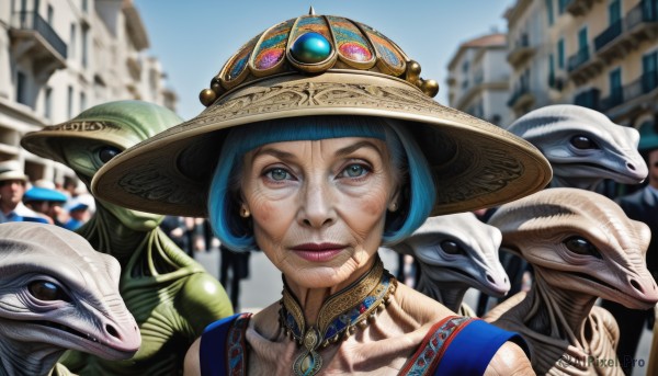 1girl,solo,looking at viewer,smile,short hair,bangs,blue eyes,hat,jewelry,closed mouth,blue hair,earrings,outdoors,day,necklace,blurry,lips,makeup,blurry background,gem,portrait,snake,realistic,sky,solo focus,animal,lipstick,building,city,old,old woman