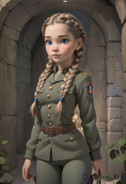 1girl,solo,long hair,breasts,looking at viewer,blush,blue eyes,blonde hair,brown hair,long sleeves,holding,closed mouth,standing,jacket,braid,cowboy shot,belt,pants,artist name,indoors,uniform,twin braids,lips,military,blood,military uniform,buttons,watermark,plant,hair over shoulder,forehead,buckle,freckles,pocket,belt buckle,green jacket,nose,hair tie,arms at sides,brown belt,wall,brick wall,dirty,green pants,deviantart username,small breasts,red lips,ruins,military jacket,medal,leather belt,stone wall