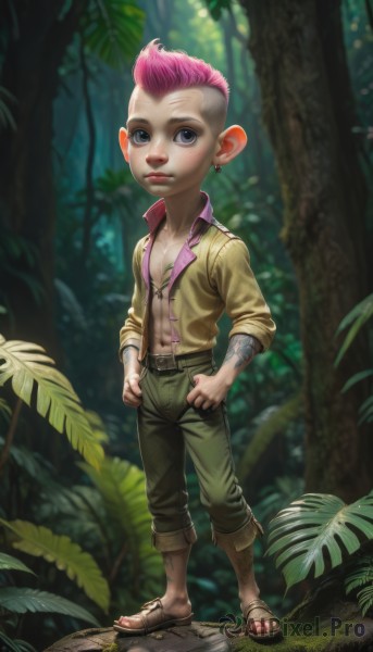 solo,looking at viewer,shirt,1boy,navel,jewelry,standing,full body,pink hair,male focus,multicolored hair,earrings,outdoors,open clothes,belt,pants,tree,open shirt,tattoo,leaf,piercing,sandals,child,nature,forest,personification,freckles,male child,very short hair,undercut,mohawk,blue eyes,boots,necklace,scar,abs,grass,topless male